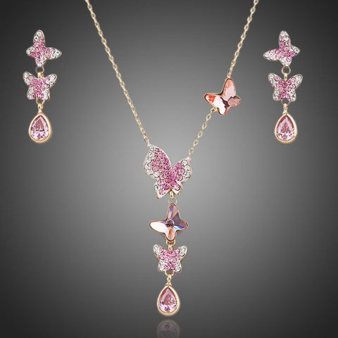 Austrian Crystal Pink Butterflies Necklace + Earrings Set