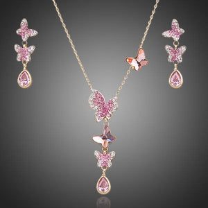 Austrian Crystal Pink Butterflies Necklace + Earrings Set